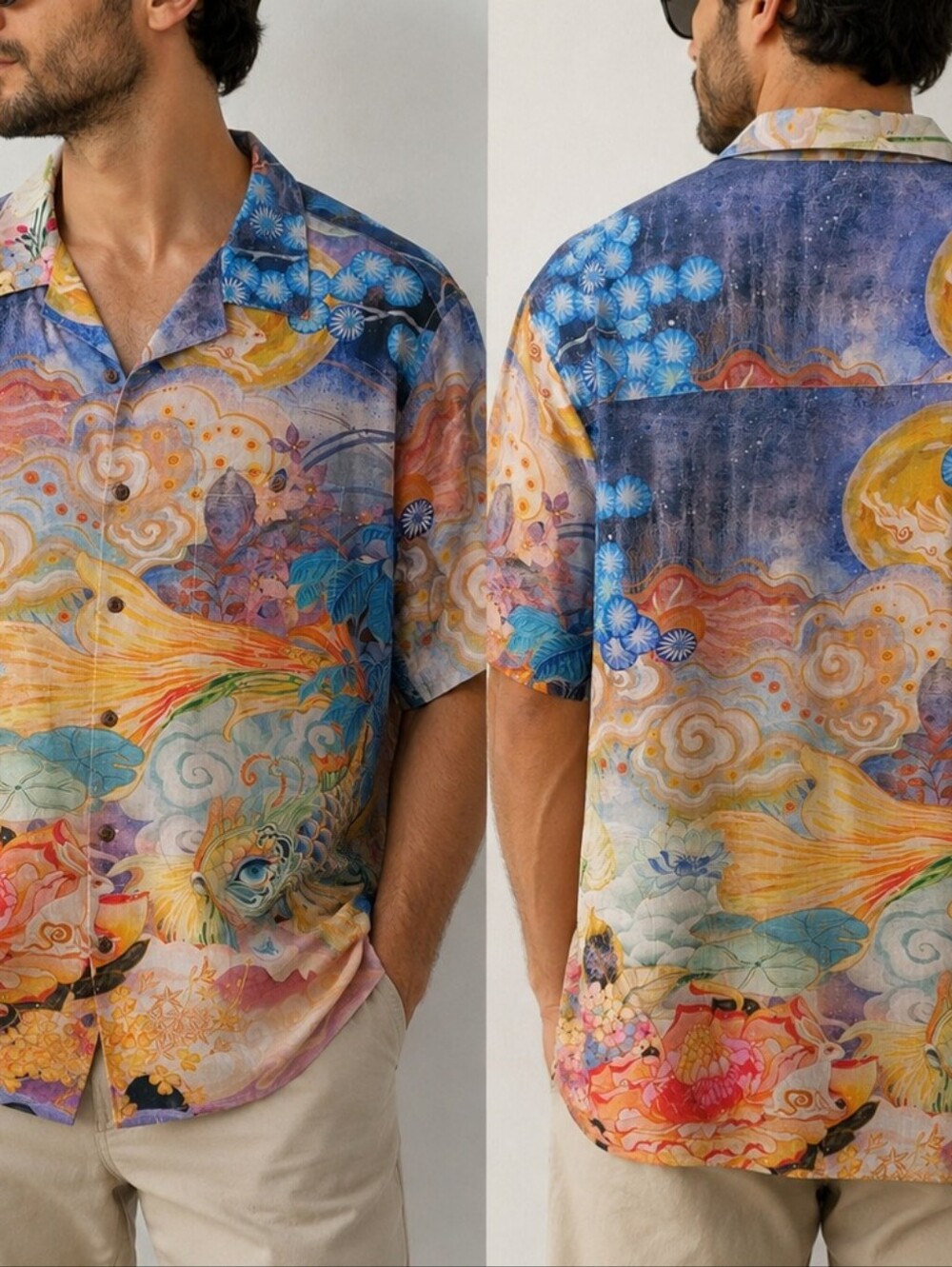 Yiume Men's XXL Multicolor Cotton Short-Sleeve Button-Down Shirt